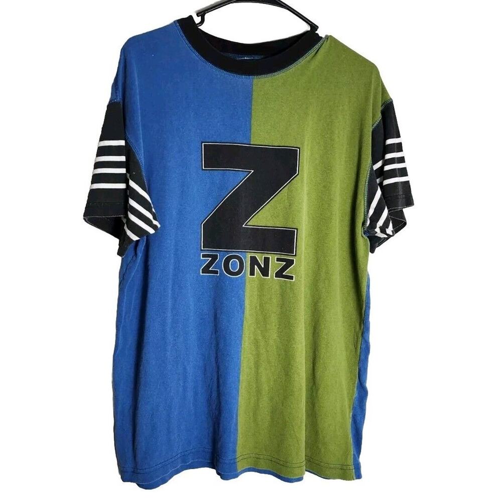 Vintage 90s Zonz All Over Print T-Shirt Size Large Skate Blue Green Colorblock‎